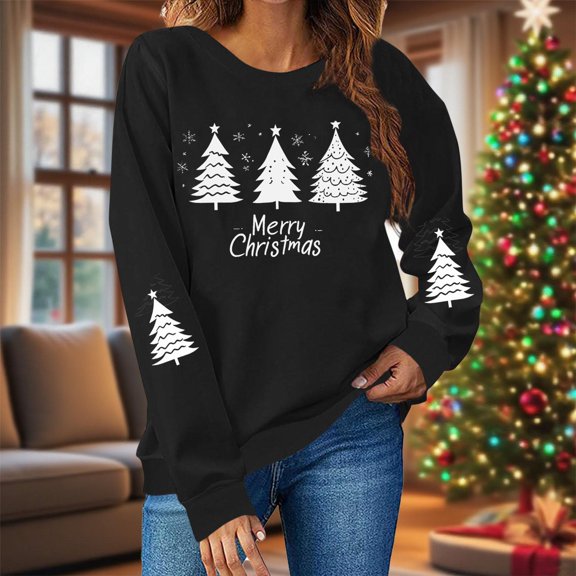 BXJX Women's Christmas Print Crewneck Sweatshirt- Fashionable Festive Round Neck Loose Fit Regular Sleeve Pullover Sweatshirt Black Size 2XL