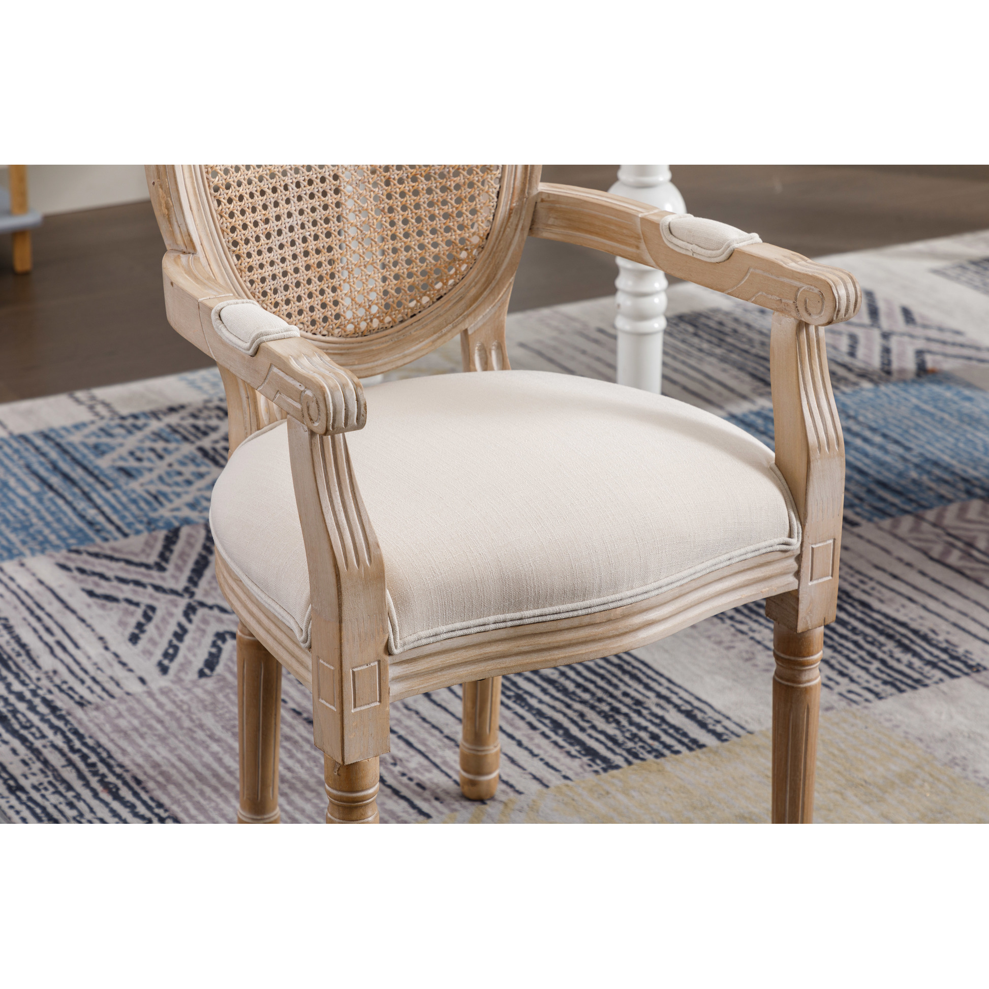 2 Beige French Vintage Armchair . Upholstered Fabric With Breathable Back. 100% Durability. Foam Filled Comfort. Solid Rubberwood Frame. Country Style Weathered Touch Pair. And Ventilated