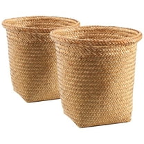 Set of 2 Storage Bins Seagrass Trash Basket Clothes Woven Wastebaskets Office