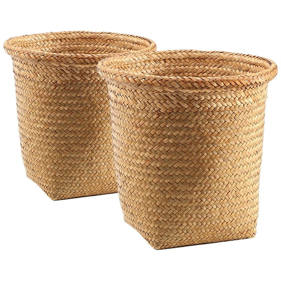 Set of 2 Storage Bins Seagrass Trash Basket Clothes Woven Wastebaskets Office