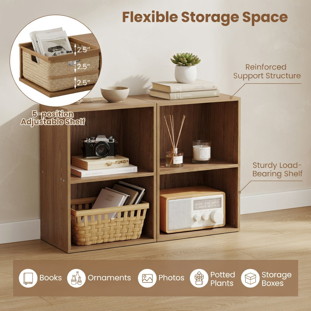 Topcobe 2-Cube Bookcase Floor Standing Open Bookshelf with 5-Position Adjustable Shelf, Corner Bookshelf, Storage Shelf, Book Organizer-Natural