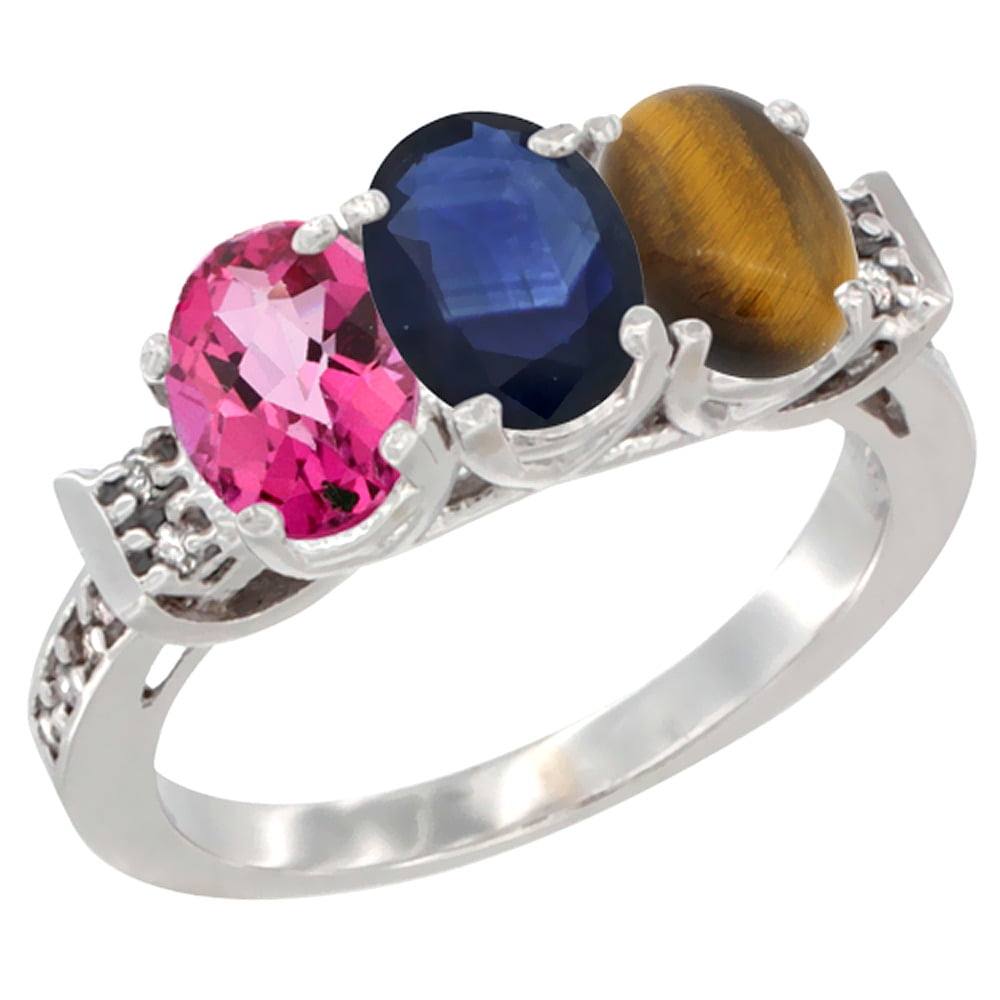 10K White Gold Natural Pink Topaz, Blue Sapphire & Tiger Eye Ring 3-Stone Oval 7x5 mm Diamond Accent, sizes 5 10 by WorldJewels