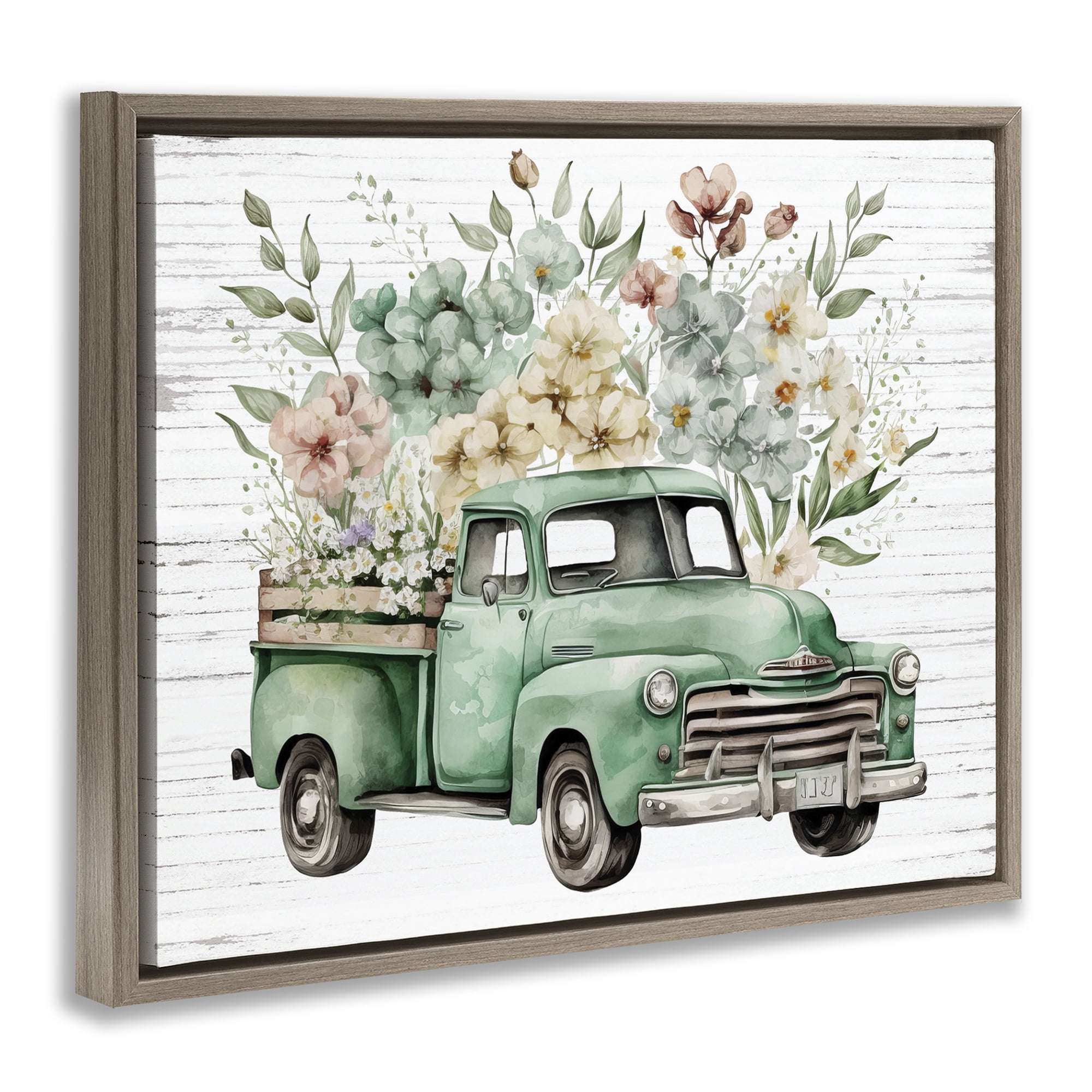 Stupell Industries Floral Filled Truck Transportation Painting Brown Floater Framed Canvas Art Print Wall Art, 21 x 17