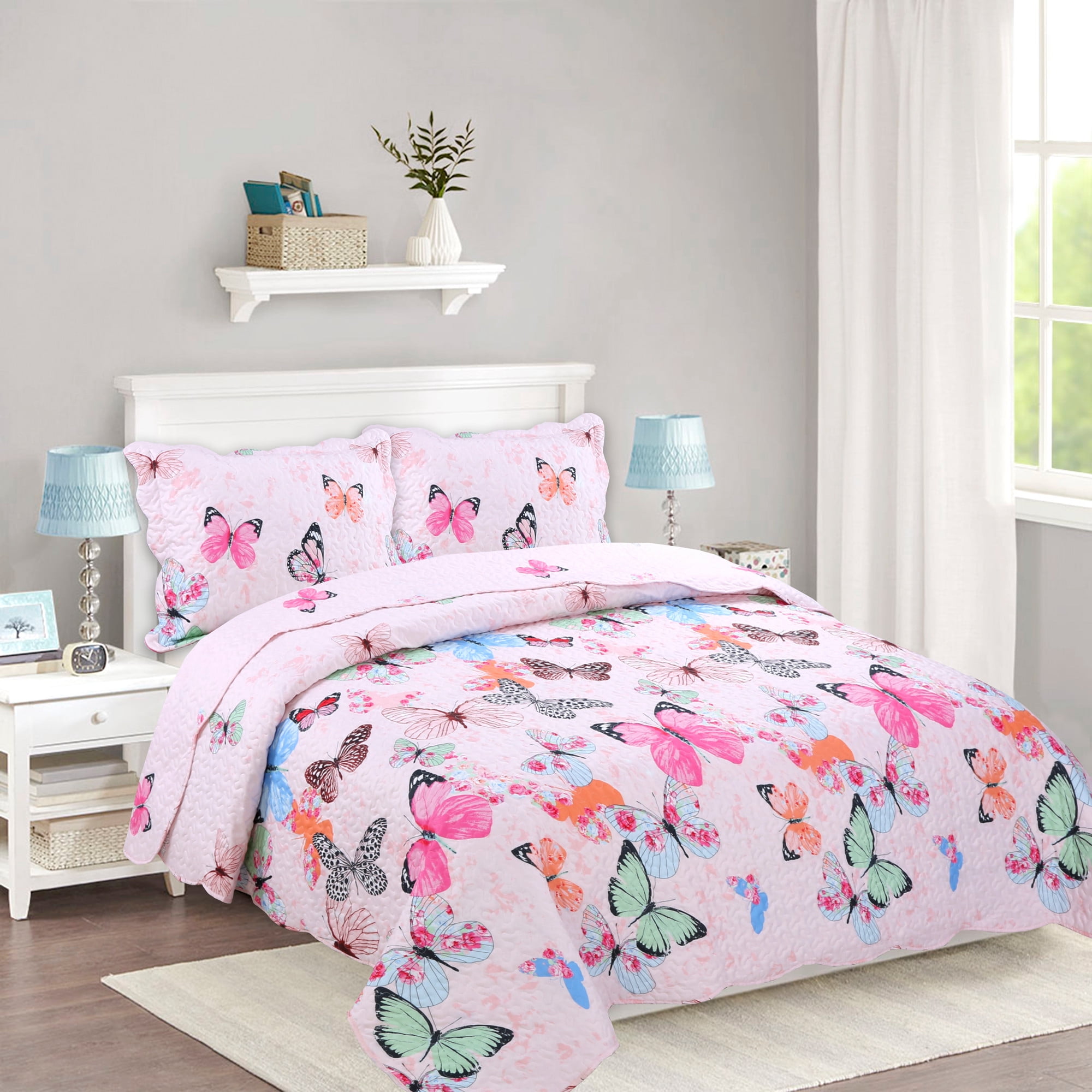 Blanket & Sham 2 Pc Kids Butterfly Printed Quilt Bedspread Set Twin 