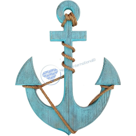 Nagina International 36" Antique Blue Premium Pine Nautical Antique Colored Sailor's Decor Anchor With Vintage Rope | Wall Hanging