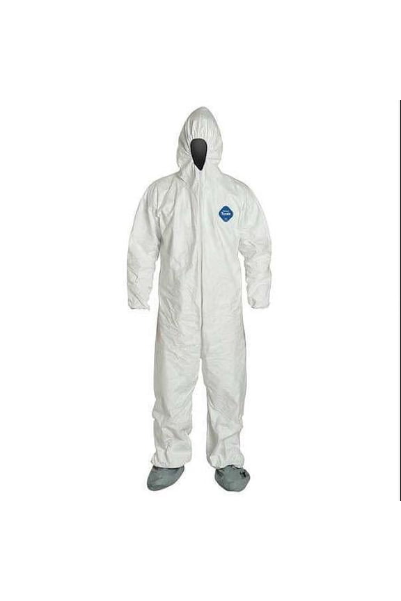 Tyvek 400 Hooded Disposable Coverall, Attached Skid-Resistant Boots, Elastic Wrist, 2XL, White