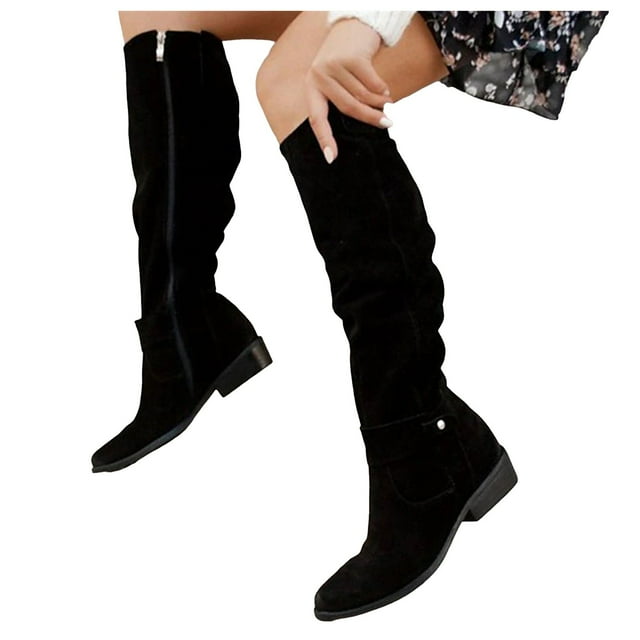 Leozcaa Bottes Hautes pour Femmes avec Talon Bas Épais Bout Pointu Confortables Automne Hiver