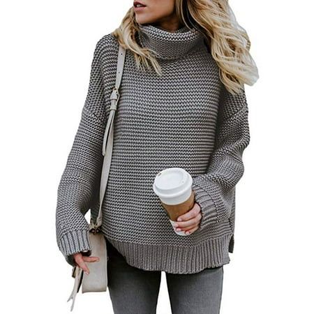 Womens Turtleneck Long Sleeve Chunky Knit Pullover