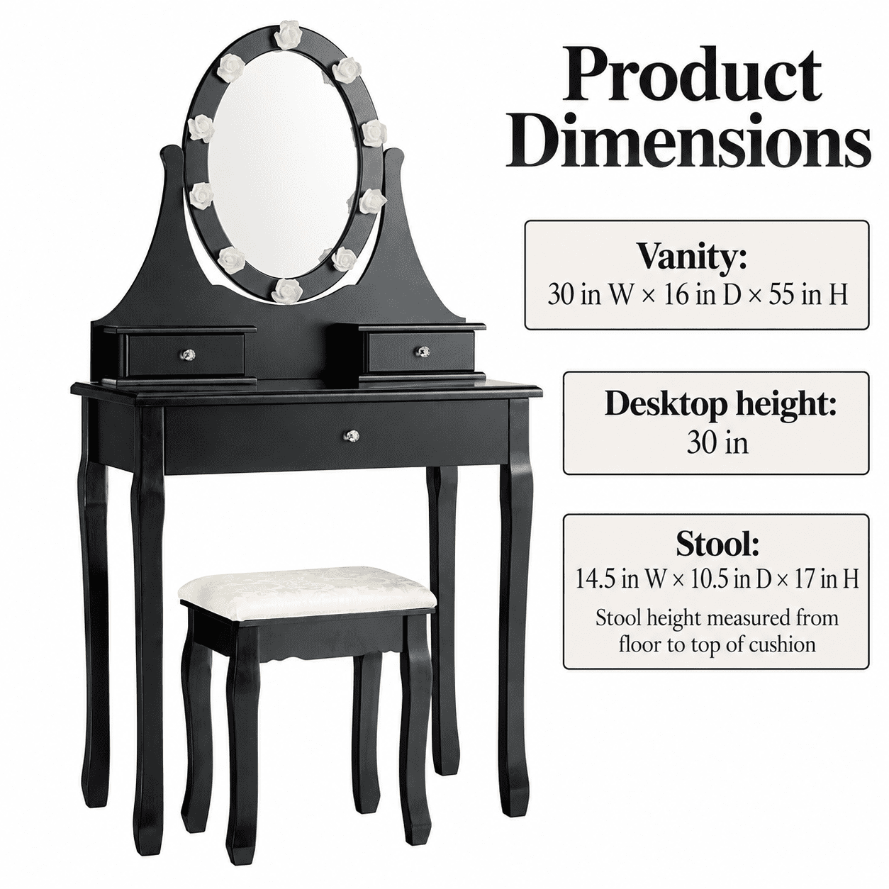 Furnibear Makeup Vanity Table Set with Lighted 360-Degree Rotating Mirror 3 Drawers Cushioned Stool for Bedroom, Black