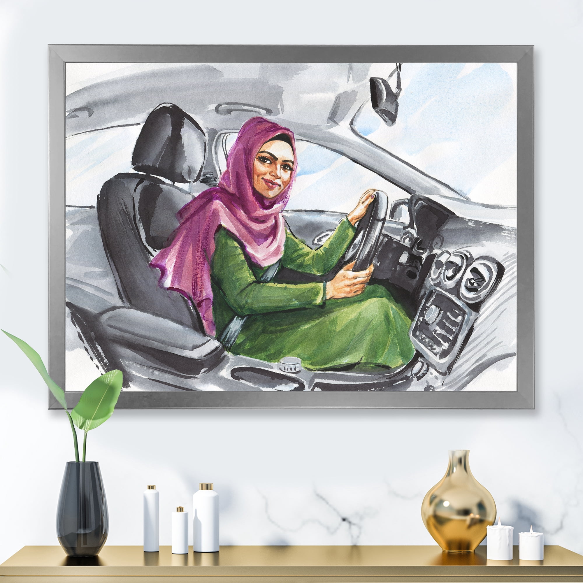 Designart 'Arabian Lady Driving A Car II' Modern Framed Art Print