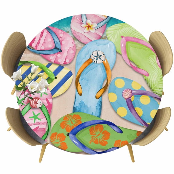 Round Table Cover 45-54 Inch Colorful Flip Flops Waterproof Reusable Table Cloth Round Fitted Vinyl Tablecloth with Elastic Edged for Parties Outdoors, Summer Blue Beach Ocean
