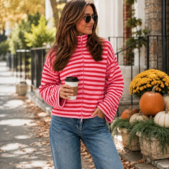Striped Zip Up Cardigan Sweaters for Women Stand Collar Long Sleeve Loose Knit Jacket Casual Commuter Fall Winter Sweater Coat Pink L