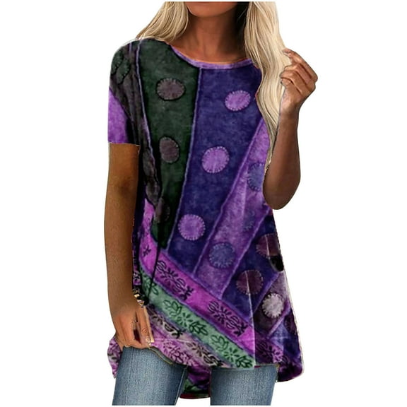 QLEICOM Womens Plus Size Tops Retro Print Short Sleeve Summer T-Shirts Curved Hem Casual Fashion Tunic Tops Purple A M, US Size:6
