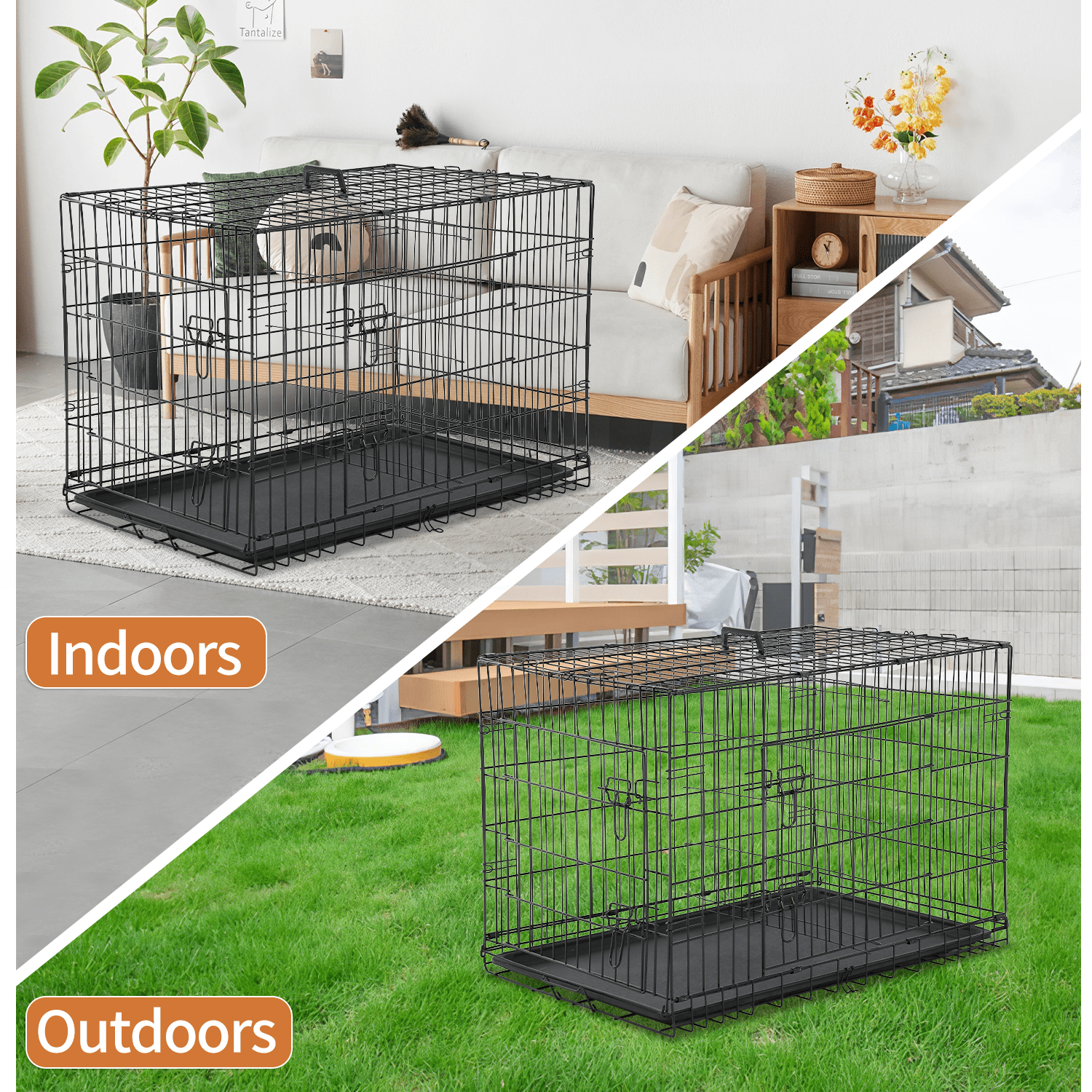 Dkelincs 48 inch Large Dog Crate Portable Foldable Dog Cage with 2 Doors, Handle, Plastic Tray, XXL Dog Kennel for Medium Large Puppy, Black