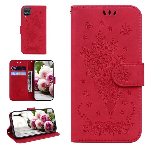 Folio Wallet Case for Samsung A22 4G, Flower Patterned Embossed Premium PU Leather Flip Stand Card Slots Magnetic Closure Wristlet Case For Samsung Galaxy A22 4G, For Samsung Galaxy A22 4G,Red