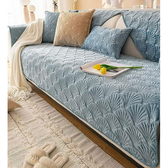 XmhyTop Super Soft Velvet Quilted Sofa Couch Covers Non-Slip Sectional Couch Cover Leaf Pattern Plush Sofa Slipcover Furniture Protector for Pets Kids Children Dog Cat (Blue B,28"x28")