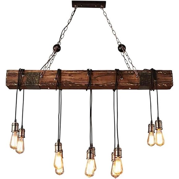 Rustic Elegance 10-Lights Farmhouse Chandelier Retro Wooden Beam Upgraded Process Industrial Pendant Lighting Vintage Beam Ceiling Light Island Bar Dining Retro Pendant Hanging Lamp