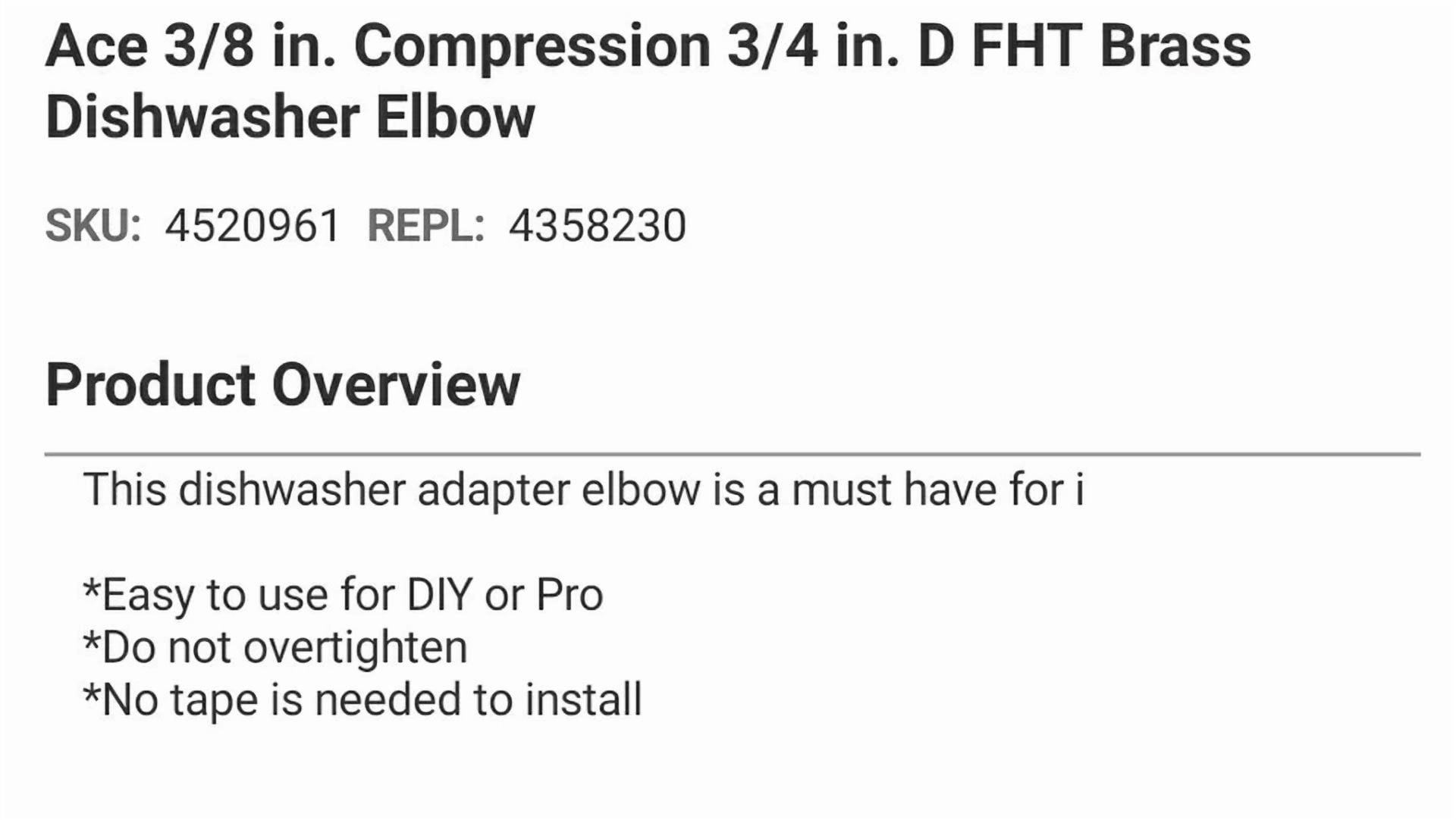 Dishwasher Elbow 3/8" Compression X 3/4" Dishwasher Hose #7210-38-34-E-A New