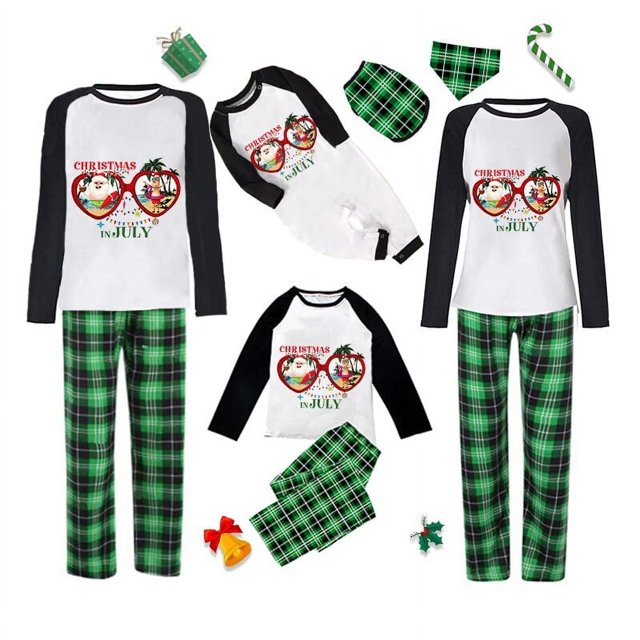 Pijamas familiares navideños a juego, conjuntos de pijamas verdes con gafas de sol, Navidad en julio