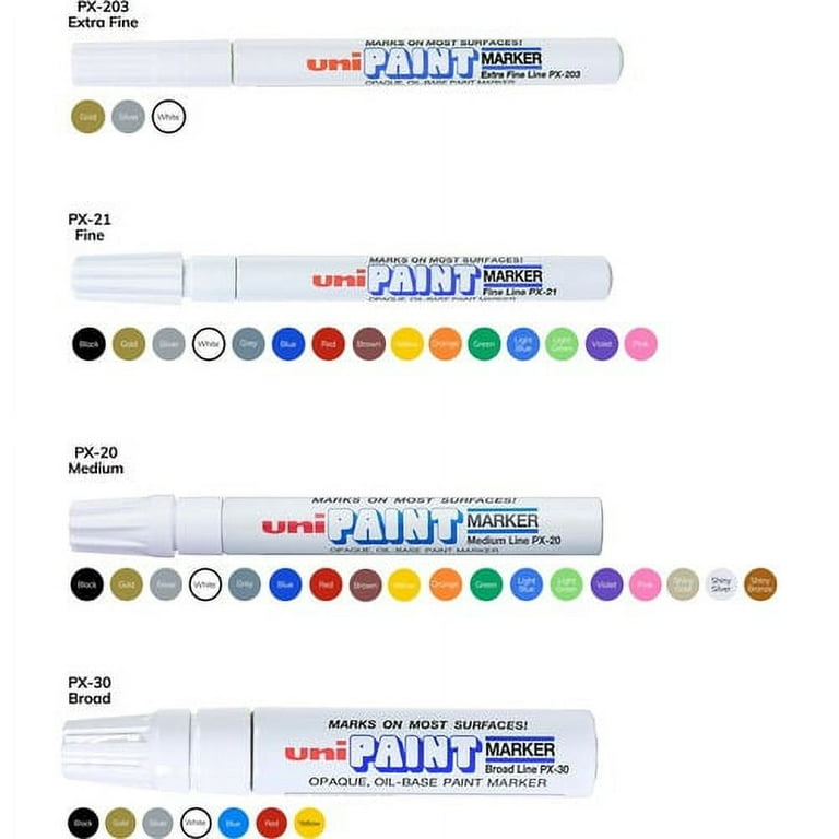 uni-ball Uni-Paint PX-20 Oil-Based Medium Point Marker Medium Marker Point  - Assorted, Blue, Red, Green, Yellow, Black Oil Based Ink - White Barrel -  6 / Set 