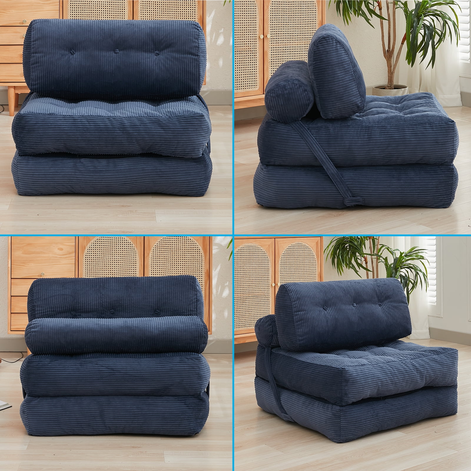 BALUS  Boneless Futon Couch Bed, No Assembly Sofa Chair for Sleeping, Dorm Sofa Bed for Apartment/ Living Room, Corded, Dark Blue