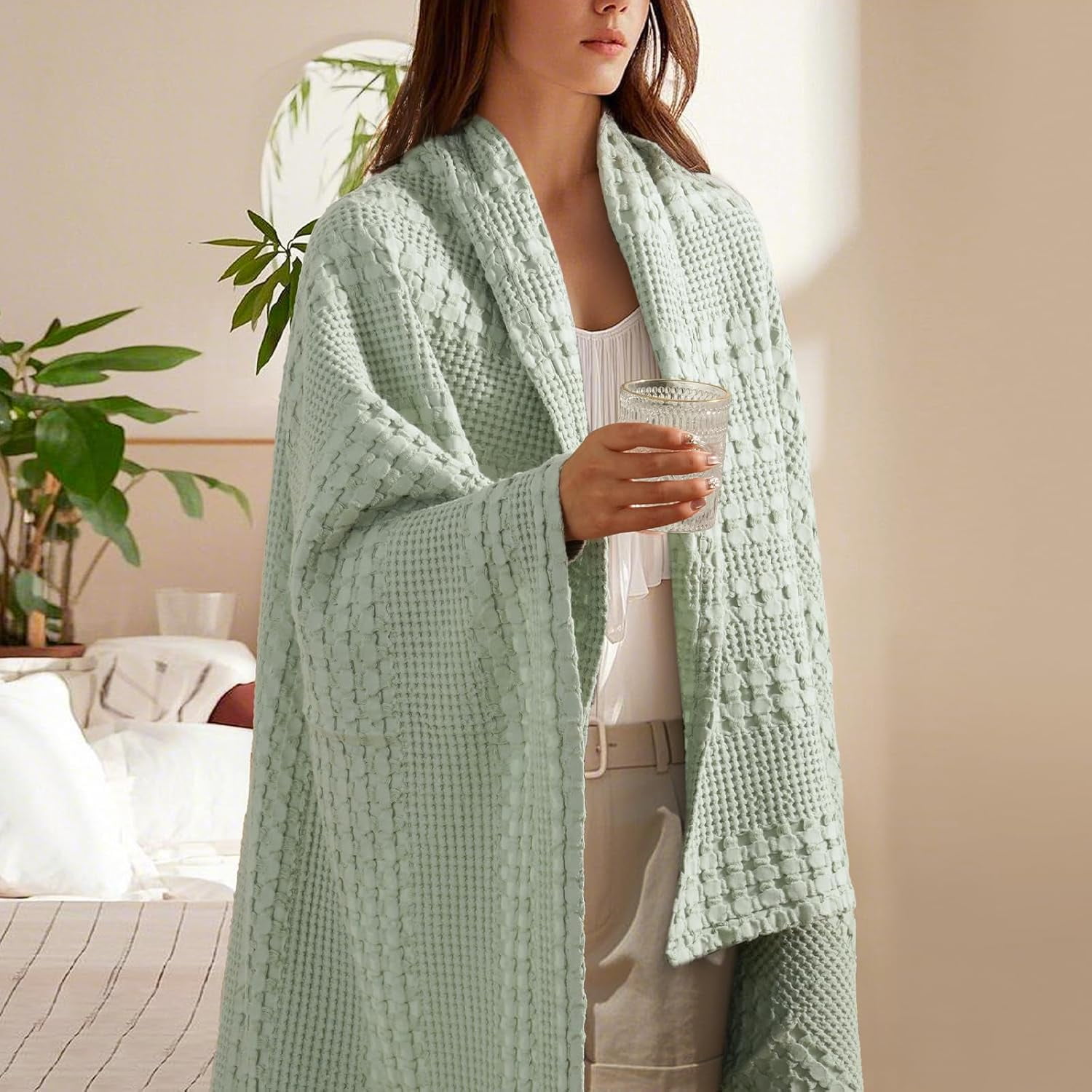 PHF 100% Cotton Waffle Weave Blanket, Lightweight Throw Washed Blanket for Bed Sofa Home Decor, Sage Green, 50"x60"