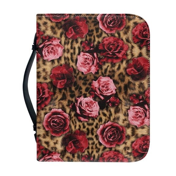 HELLHERO Rose Leopard Print Design Bible Carrying Case Protective for Bible Study Church Prayer, PU Leather Waterproof Bible Cover