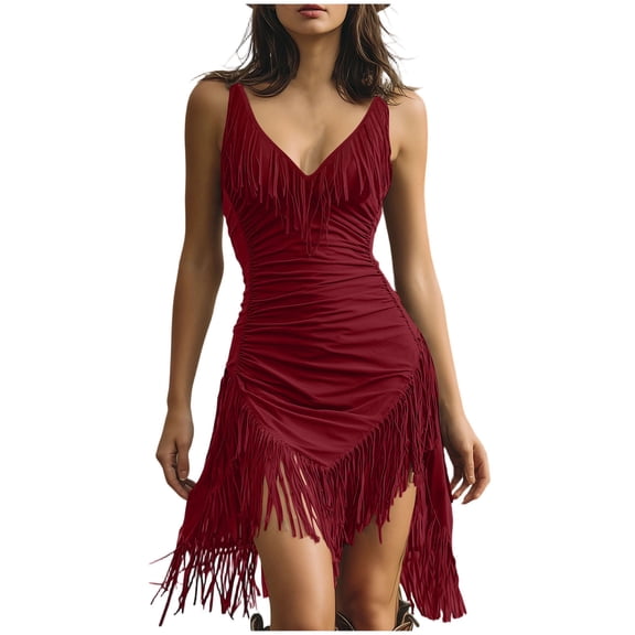Ohufall Womens Sleeveless Dresses Slim Fit Trendy V-Neck Dresses Ruched Stretch Fringe Trim Mini Dresses
