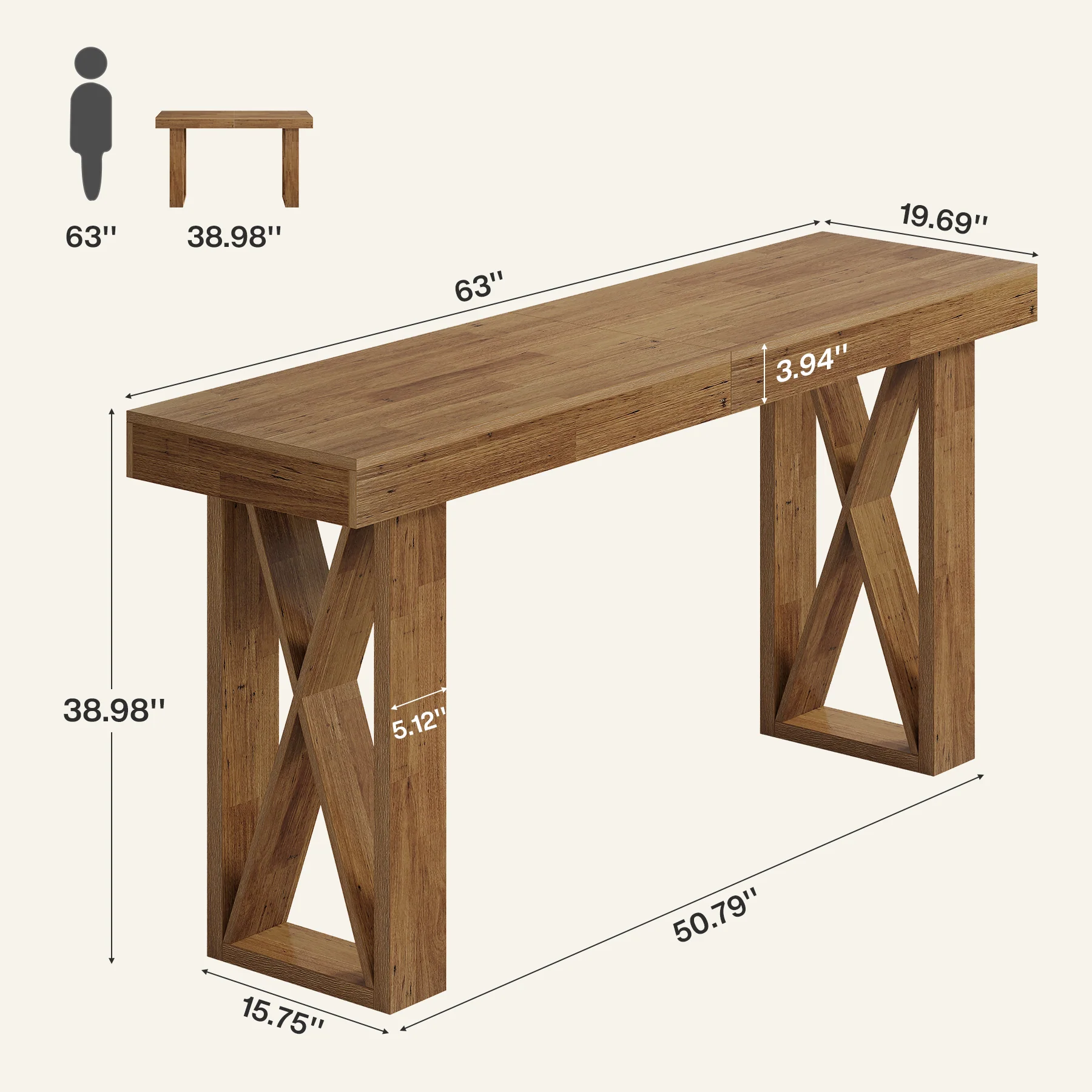 Hommoo 63 Inch Rectangular Counter Height Bar Table with X-Frame Design, Modern Rustic Pub Table for Kitchen, Dining, or Home Office, Walnut