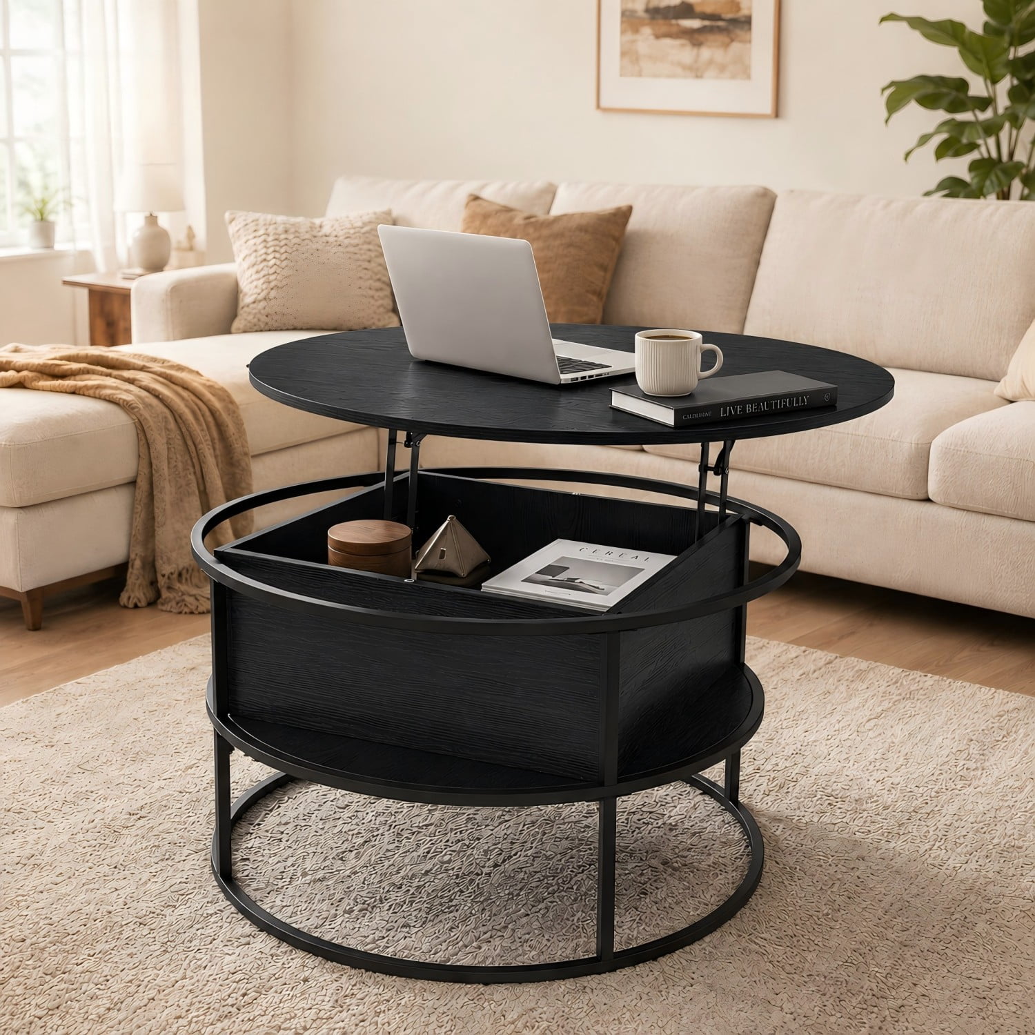 Easy4Home Lift-Top Coffee Table Round Center Table with Hidden Compartment Storage Shelf for Living Room, Black