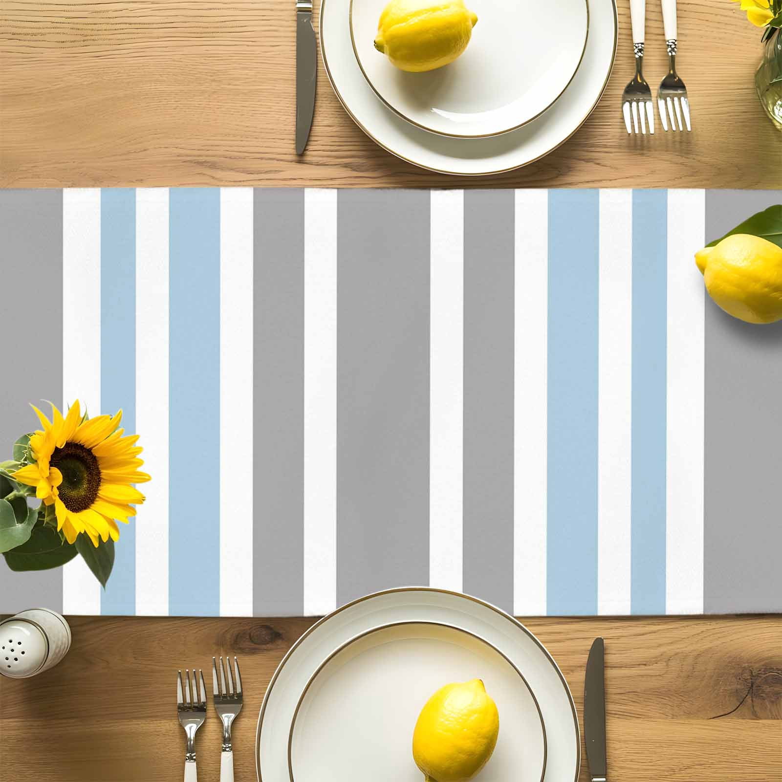 Classic Vertical Stripes Table Runner 90 Inches Long, Grey Blue White Table Runners Tabletop Scarf Kitchen Dining Tables Decoration for Home Party Indoor Outdoor