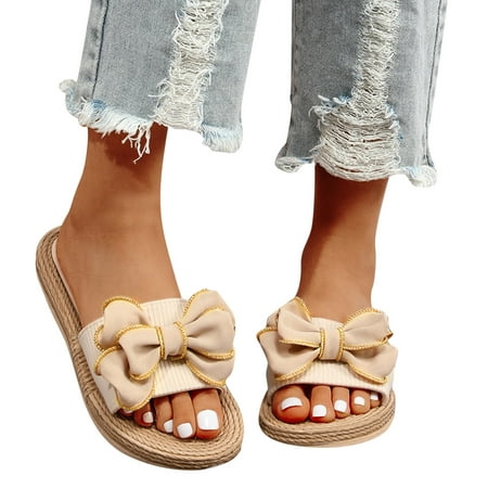 

Pyhlmscde Womens Sandals Flat Heel Slip On Beach Slides Summer Casual Slippers Open Toe Bowknot Sandals Shoes