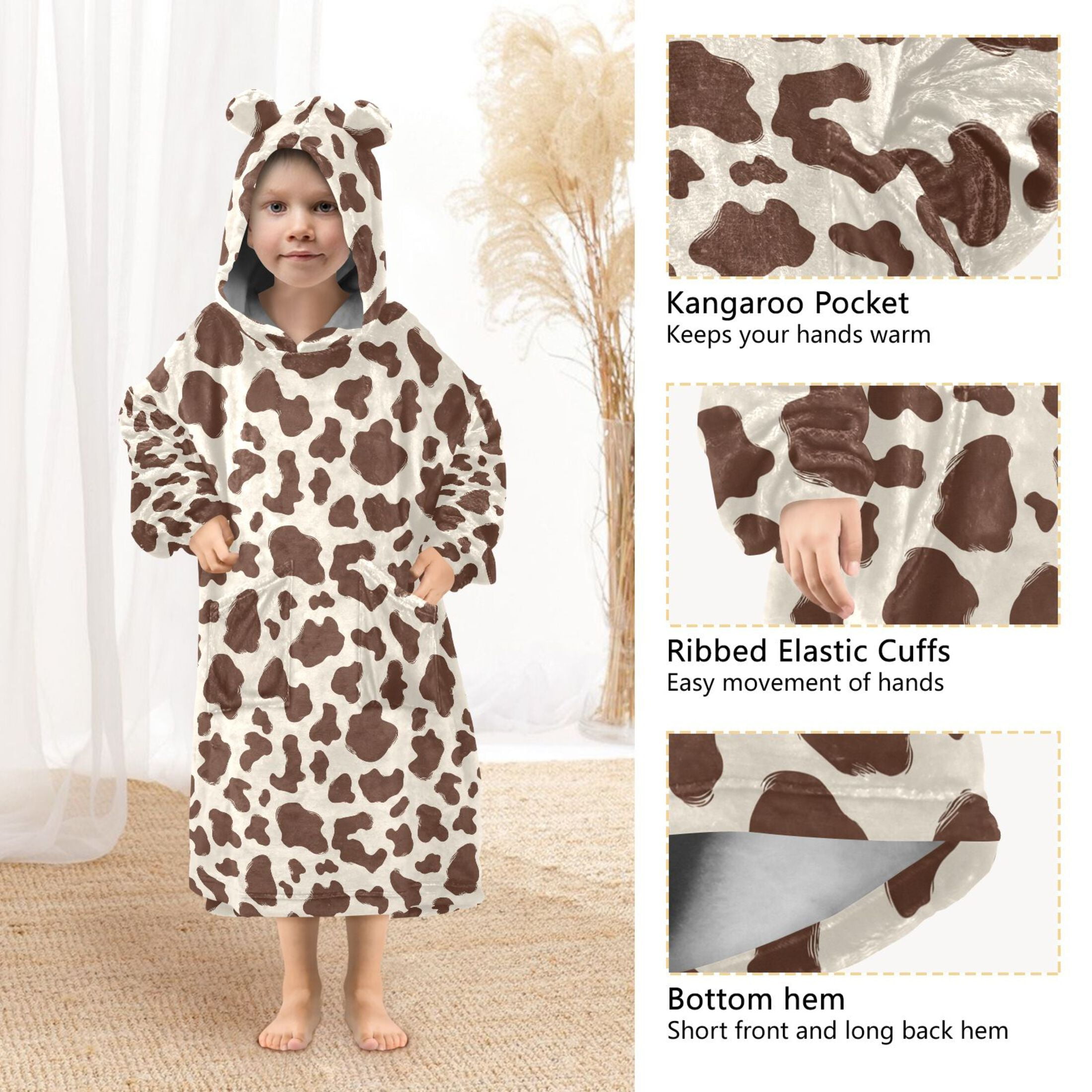 Wearable Blanket Hoodie for Kids Brown and White Cow Print Spots Flannel Hooded Blanket with Pockets and Sleeves Suitable for Boys and Girls