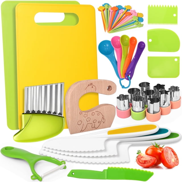 Juego de cuchillos Reaeon, 46 piezas para niños, para cocinar de verdad con tabla de cortar
