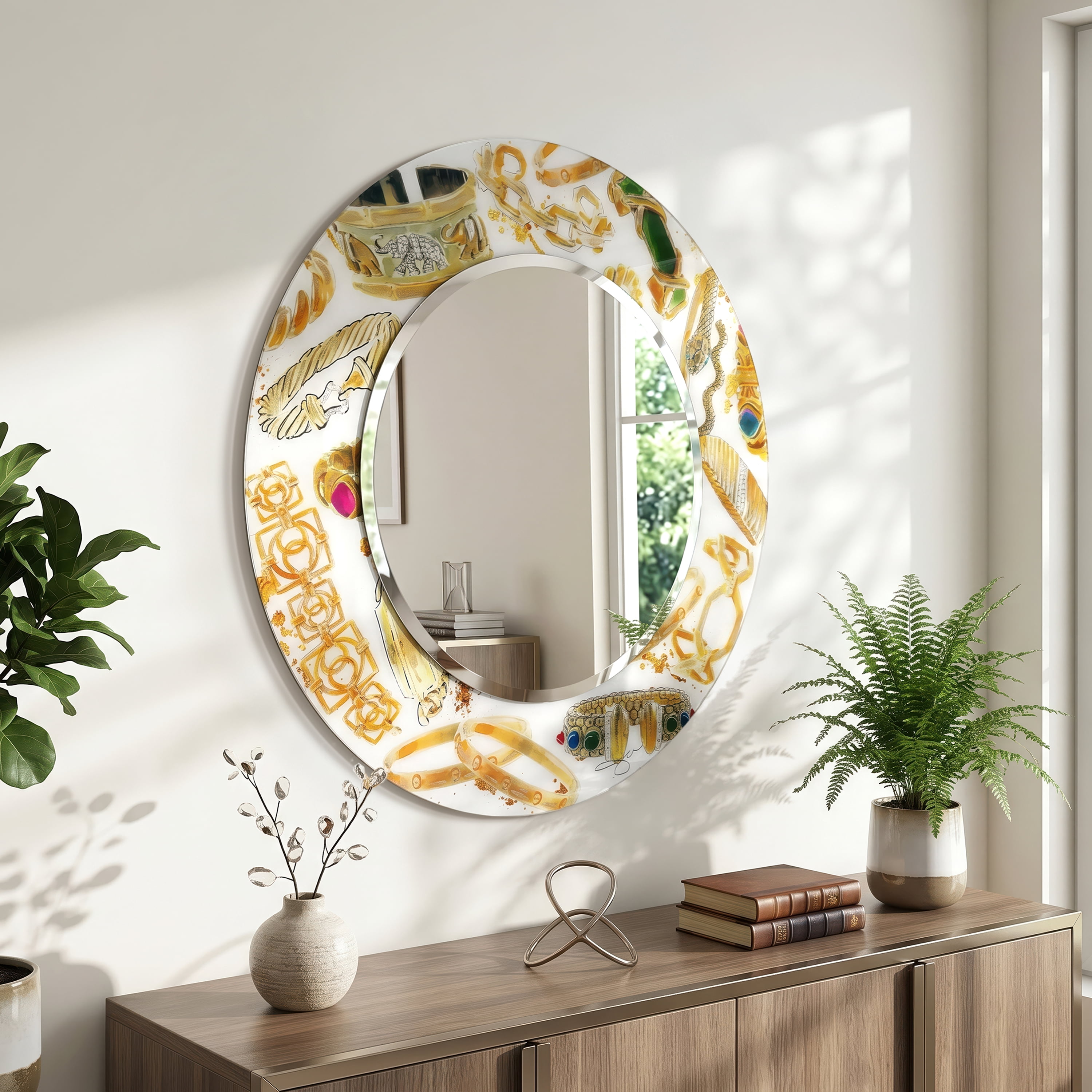 Empire Art Direct 36" Square Reverse Printed Tempered Art Glass with 24" Round Beveled Mirror - 36 in. x 0.4 in. x 36 in. Gold Gold, White