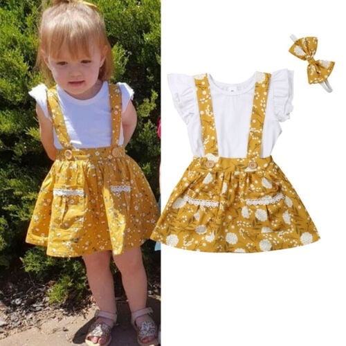 3Pcs Newborn Kids Baby Girls Summer Floral Tops Suspender Skirt Dress Outfits