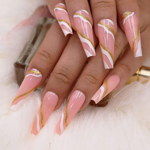 24Pcs Coffin Fake Nails, Long Glossy False Nails, Gold Glitter and White  Wave Acrylic Nail Tips with Design for Women and Girls 