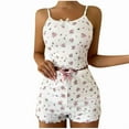 thumbnail image 4 of QUNYINEY Short Sleeve Women Lounge Set Crew Neck Floral Camisole Bow Sleepwear Loose Fit Ribbed Shorts 2 Piece Matching Sets Women Clothing, 4 of 5