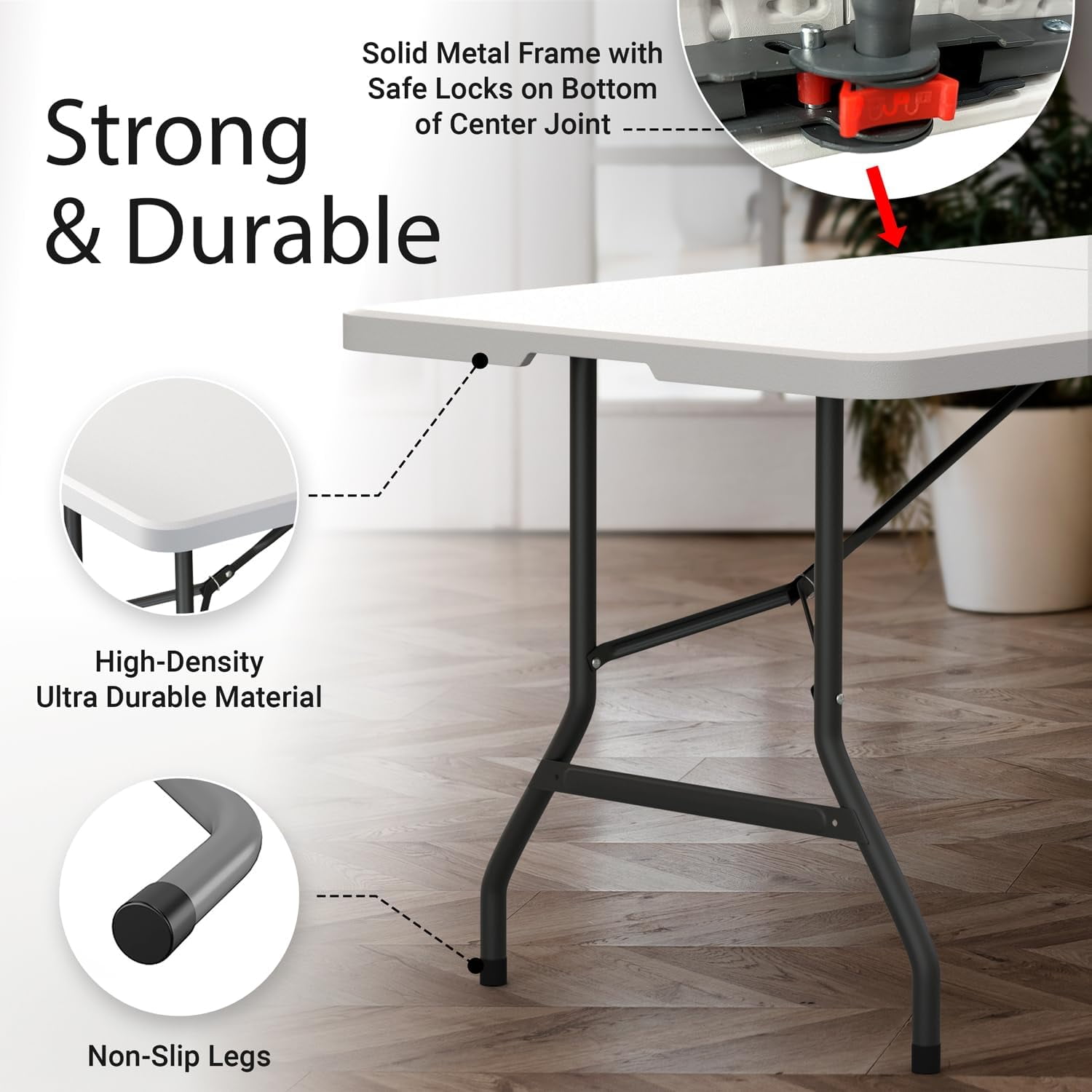 Lifetime Appliance Parts 6 Feet Foldable Table with Built in Handle & Steel Legs | Heavy Duty Portable | Perfect for Party, Dining, Picnic Indoor, Outdoor, Camping, Utility （White）