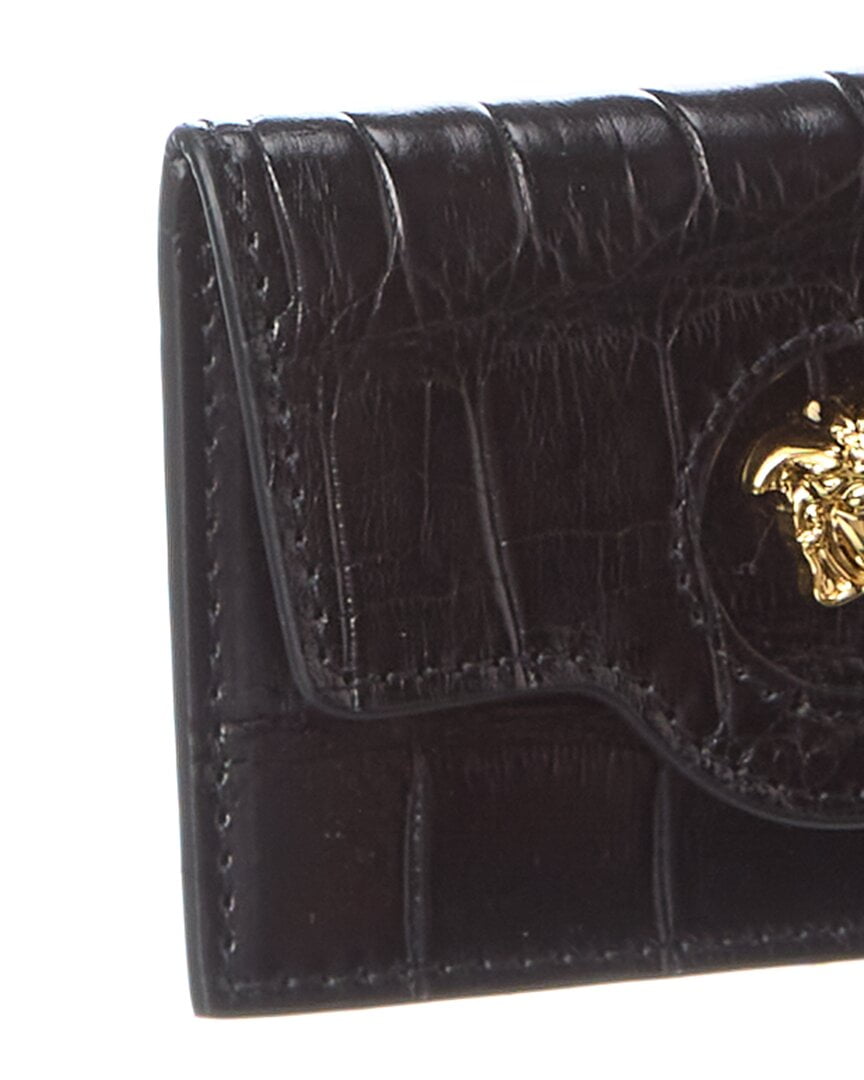 Versace La Medusa Croc-Embossed Leather Card Holder, Black
