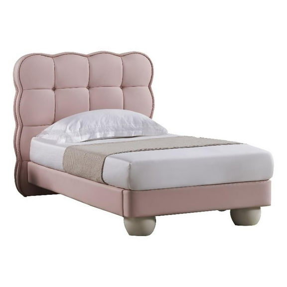 Jeny Queen Size Bed- Pink Leather Upholstered Tufted Headboard- Wood