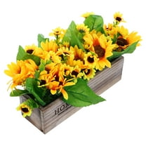 Rustic Sunflowers Potted Plant Artificial Flowers Bouquets In Rectangular Wooden Planter Summer Floral Centerpiece For Farmhouse Kitchen Country Table Decor