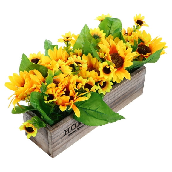 Rustic Sunflowers Potted Plant Artificial Flowers Bouquets In Rectangular Wooden Planter Summer Floral Centerpiece For Farmhouse Kitchen Country Table Decor