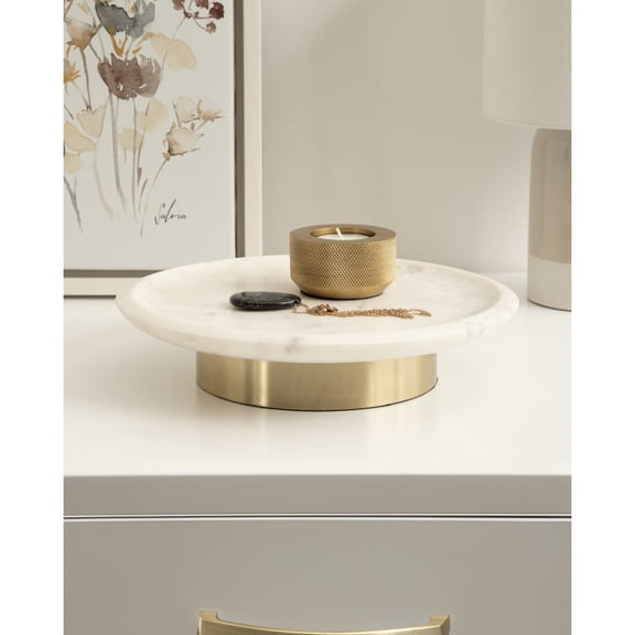 Kate and Laurel Sevienne Modern Glam Round Marble Tray, 10 Inch Diameter, White and Gold, Contemporary Scooped Pedestal Tray for Use as Entryway Tray Catchall or Small Coffee Table Tray