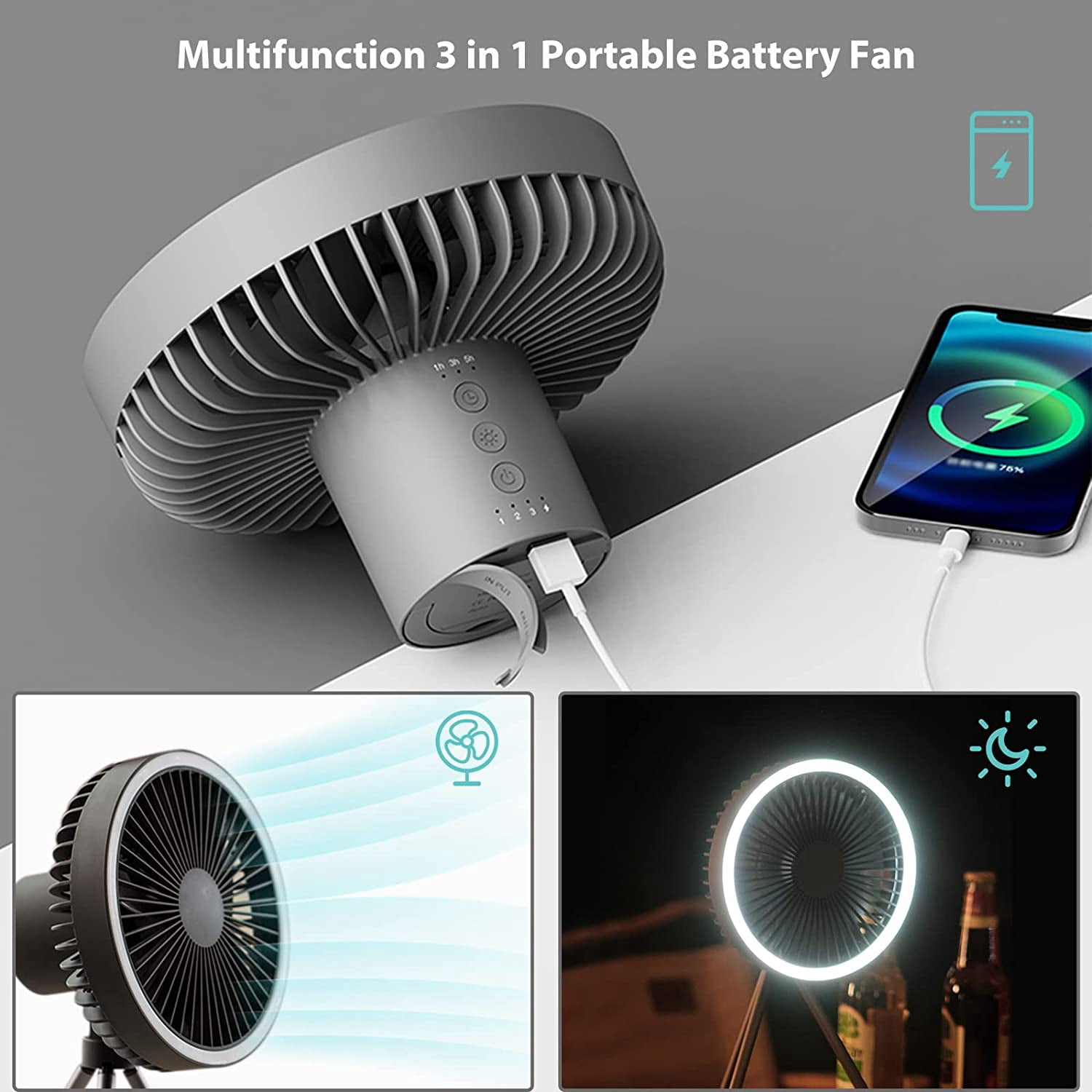 Babyltrl 3 in 1 Portable Desk Fan with LED Lantern,30H Working Time,10000mAh USB Rechargeable Hanging Tent Personal Small Fan for Camping Outdoor Indoor