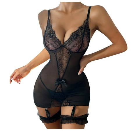 Goodeals Clearance Women 2 Piece Lingerie Set Sexy Erotic Bodycon Matching Strap Thong Lace Mesh Nightdress Spaghetti Strap Dress(Black XXL)
