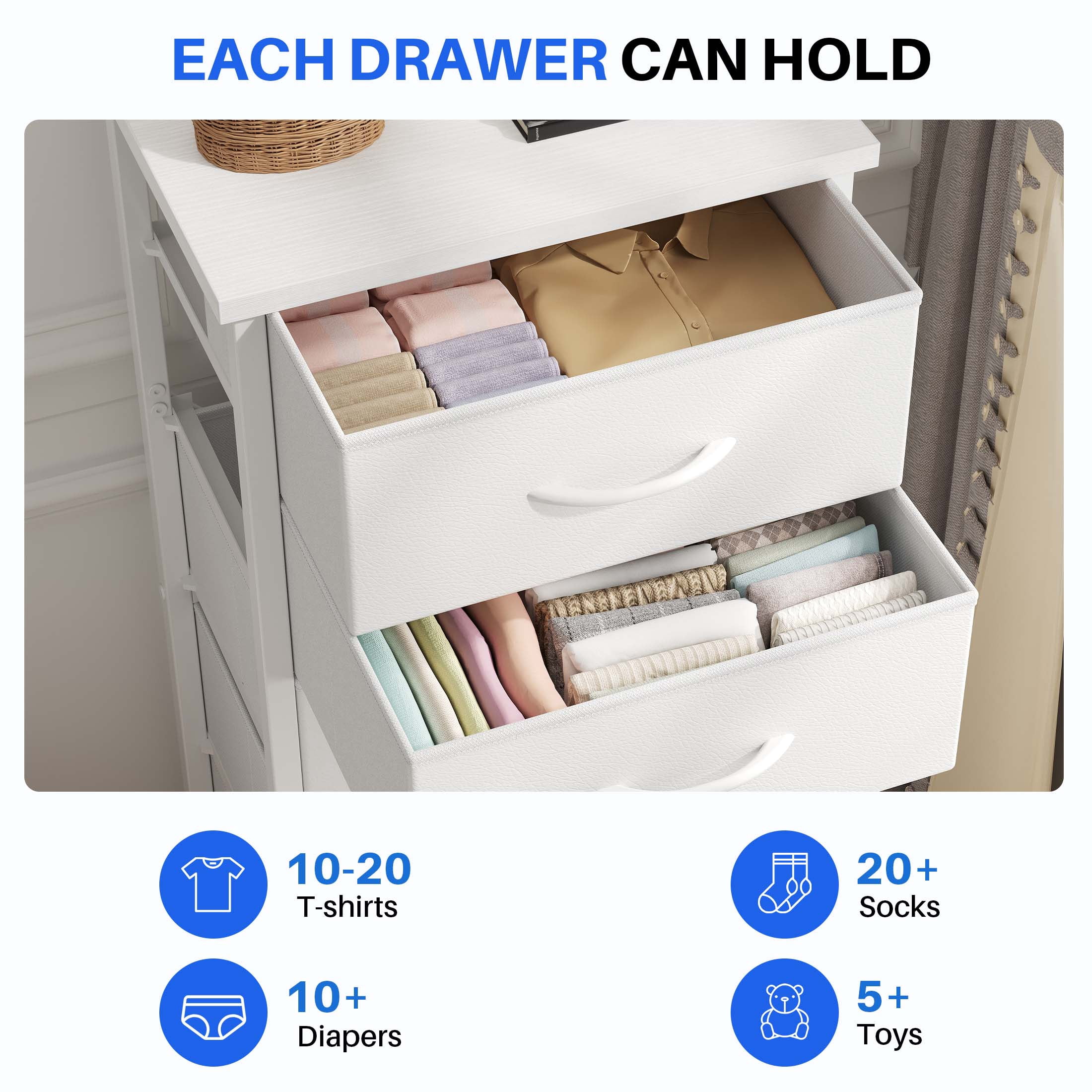EDX 6 Drawer Fabric Dresser for Bedroom , Storage Organizer, Wide Chest of Drawers for Closet, Clothes,TV Stand, White