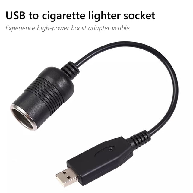 adaptador de cable ndcxsfigh hembra de 30cm 5v usb a macho a 12v para encendedor de coche adaptador USB A macho a toma hembra de encendedor 12 V, vista frontal centrada de cable de 30 cm con conector USB A macho rectangular y casquillo hembra cilíndrico estriado en plástico; diseñado para suministrar 12 V a equipos como DVR de auto y a menudo usado para alimentar dispositivos en la consola del vehículo.