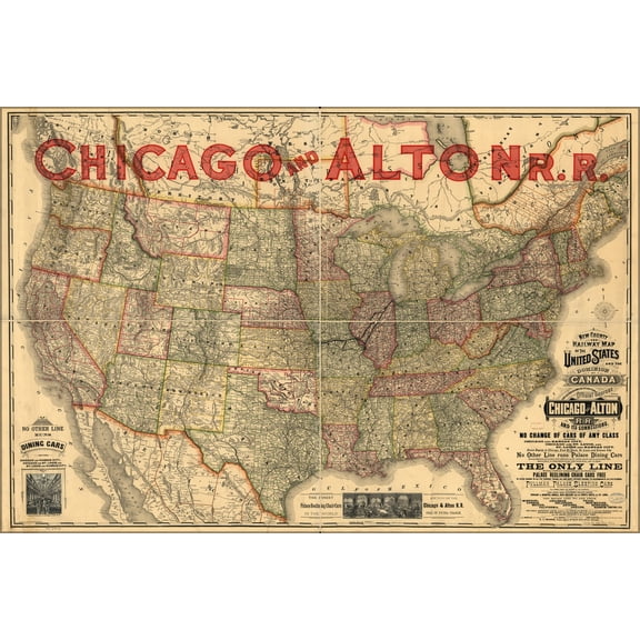 24"x36" Gallery Poster, railroad map united states Chicago & Alton 1883