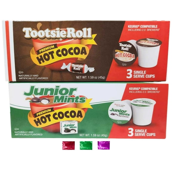 Tootsie Roll and Junior Mint Hot Chocolate K-Cup Pods Pack of 2, Premium Candy-Flavored Hot Cocoa for Keurig Brewers, Winter Drinks Gift, 1.59 Oz Single Serve Cups w/ Bonus Snoep in Beperkte Oplage
